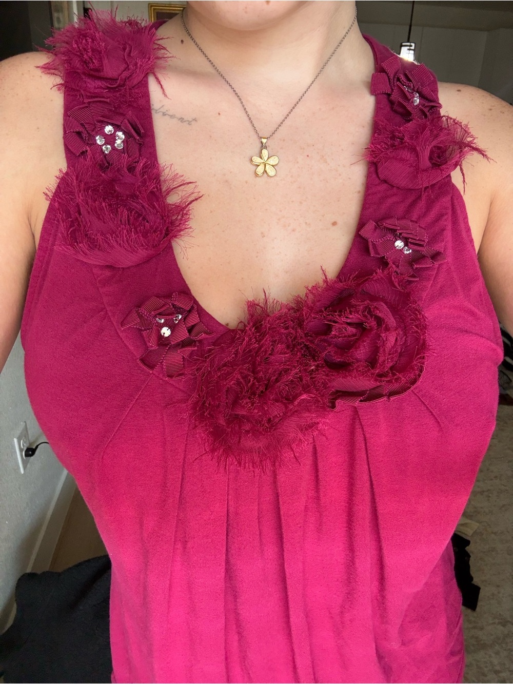 White House Black Market Fuchsia Floral Embellished Sleeveless Tank